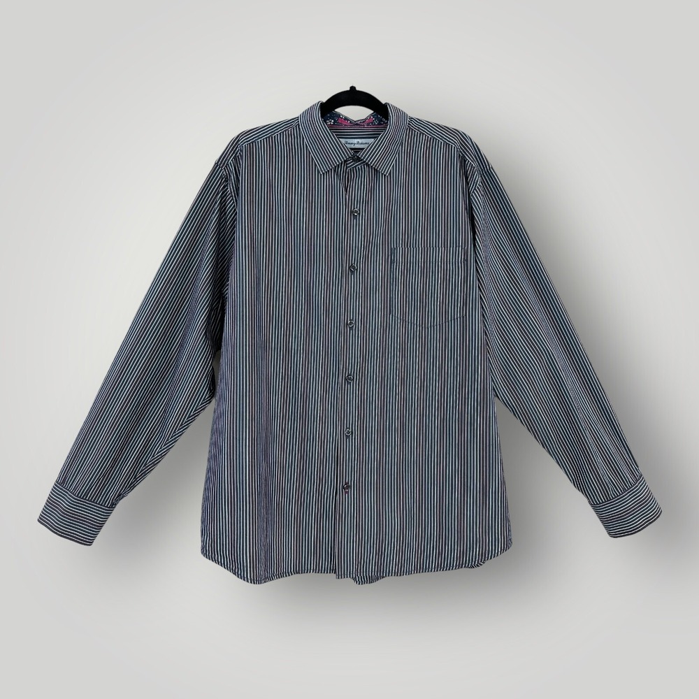Tommy Bahama Shirt Mens L Cotton Silk Blend Long Sleeve Plaid Flip-Cuff Striped